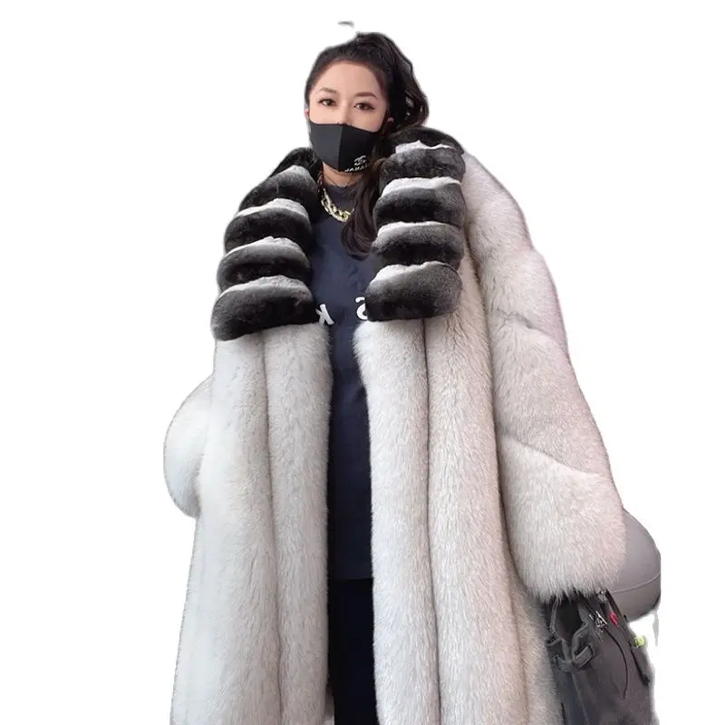 

2023 winter new style Finland imported crown blue fox hair whole chinchilla lapel long fur coat women's fashion sexy warm packag
