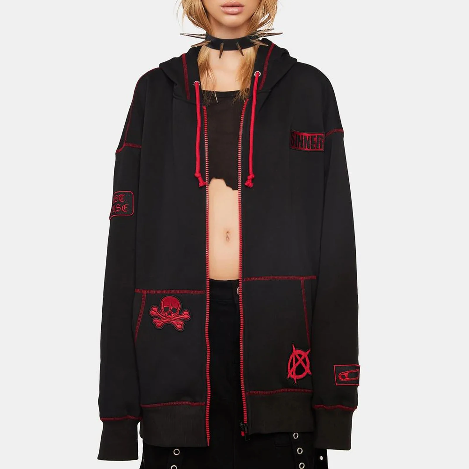 

Женские толстовки большого размера в готическом стиле Y2k, Свитшот в стиле пэчворк, Свободный Повседневный свитшот с карманами и кулиской, пальто в стиле ретро в европейском и американском стиле