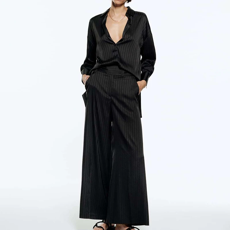 

2022 Spring Women Casual Long Sleeve Lapel Vertical Striped Shirt High Waist Loose Wide Leg Pants Two Piece Suit LY9957