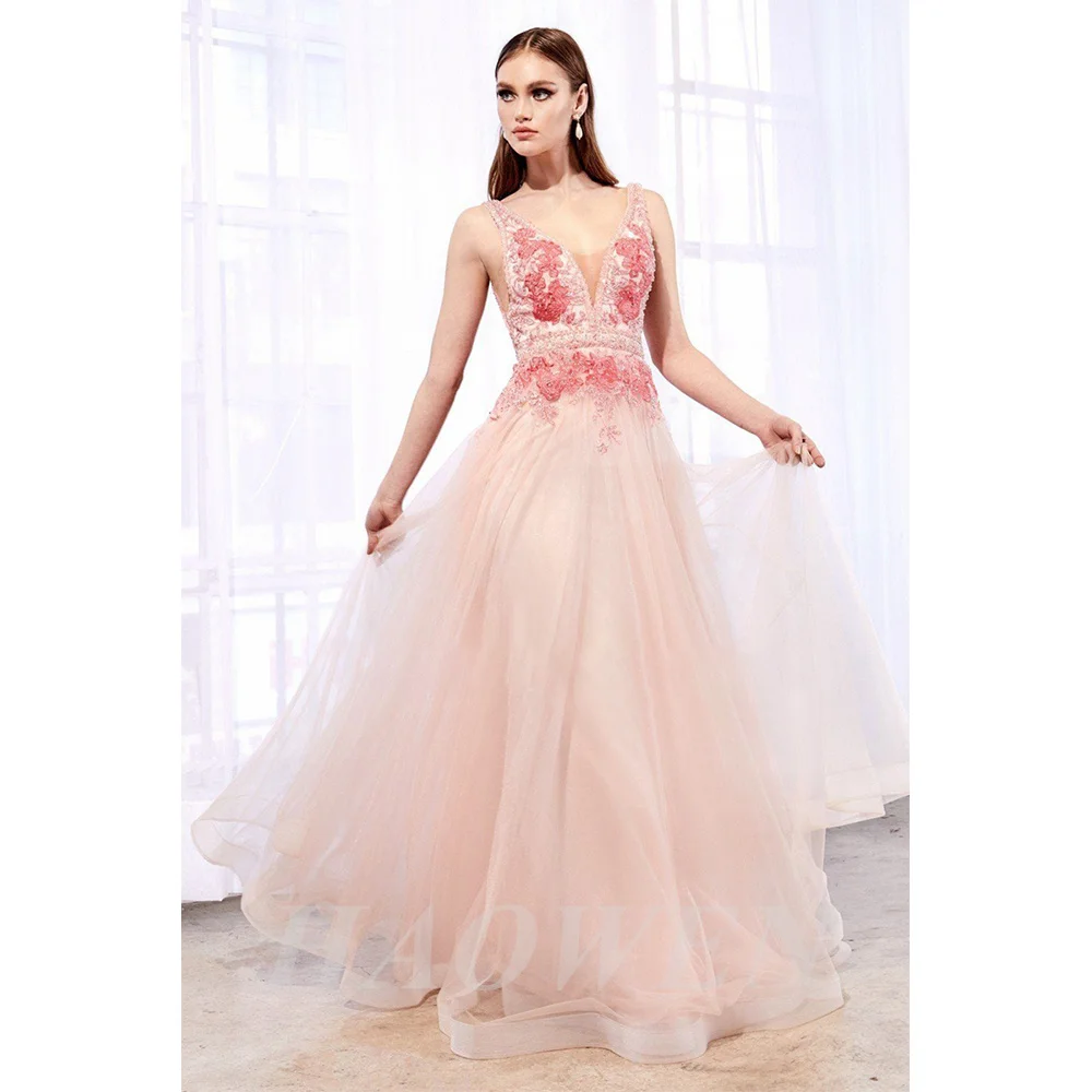 

HAOWEN Elegant A-line Tulle Evening Dresses Charming Appliques V-Neck Robe De Soirée De Mariage Formal Vestido De Fiesta De Boda