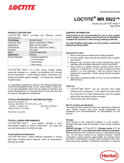 LOCTITE MR 5922 200 мл / 300 г Герметик Уплотнения Фланцы фитинги и соединения