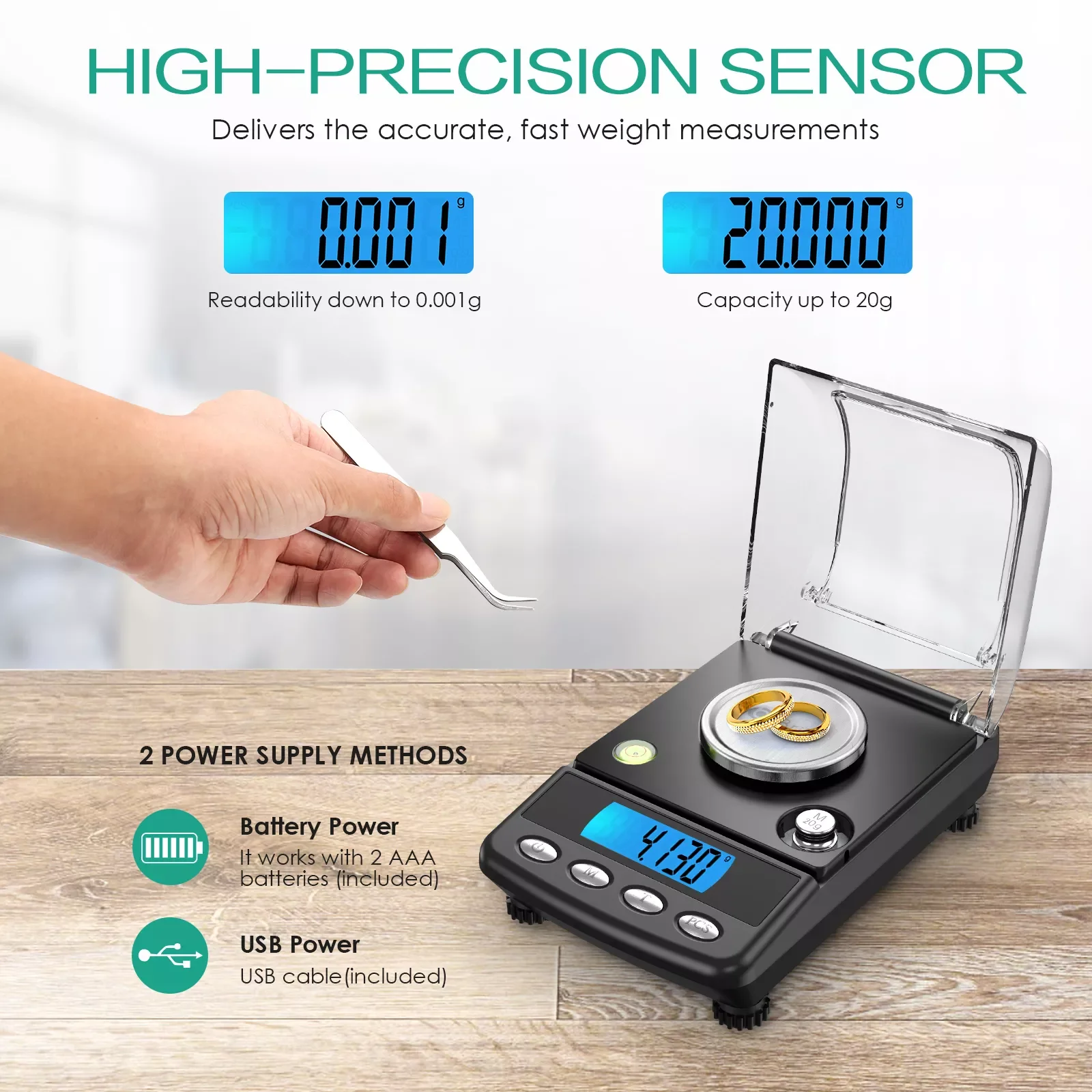 

0.001g Precision Digital Jewelry Scale 20g USB Powered Electronic Weighing Scale LCD Mini Lab Balance 0.001g Electronic Scales