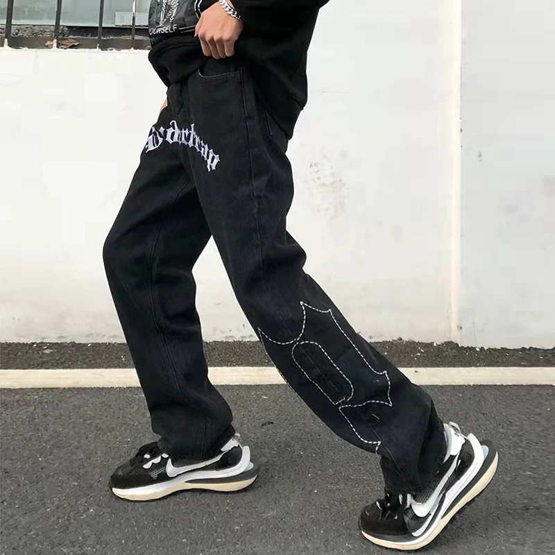 Y2K Mens/Women Black Streetwear Harajuku Ripped Low Rise Skinny Fairy Grunge Jeans Pants Alt Straight Denim Trousers Clothes