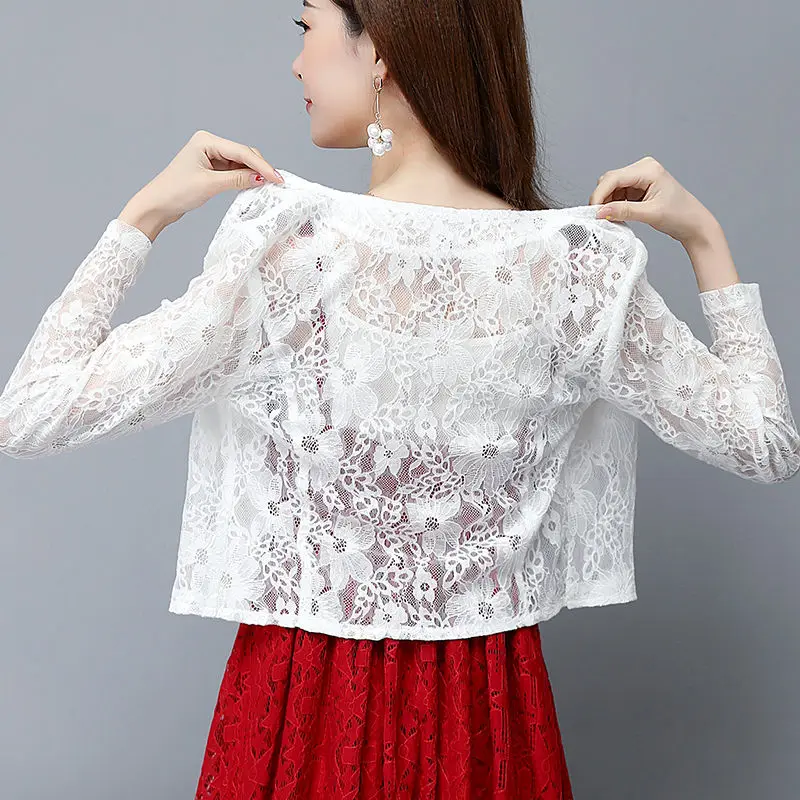 

Женская одежда, кружевной кардиган с длинным рукавом, 4XL, летние женские короткие топы, Солнцезащитная Тонкая Шаль, пальто для женщин J549