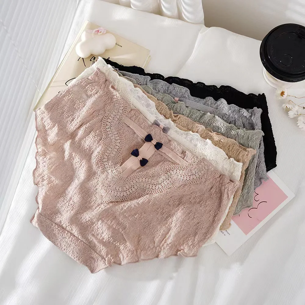 

Bubble Cotton Japanese Mid Waist Sexy Hollow Bow Playful Breathable Jacquard Mesh Women's Briefs Underwear Mainland China