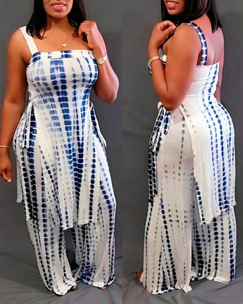 

Tie Dye Print Slit Asymmetrical Top & Wide Leg Pants Set Women New Spring Summer Sleeveless Tops High Waist Loose Pants