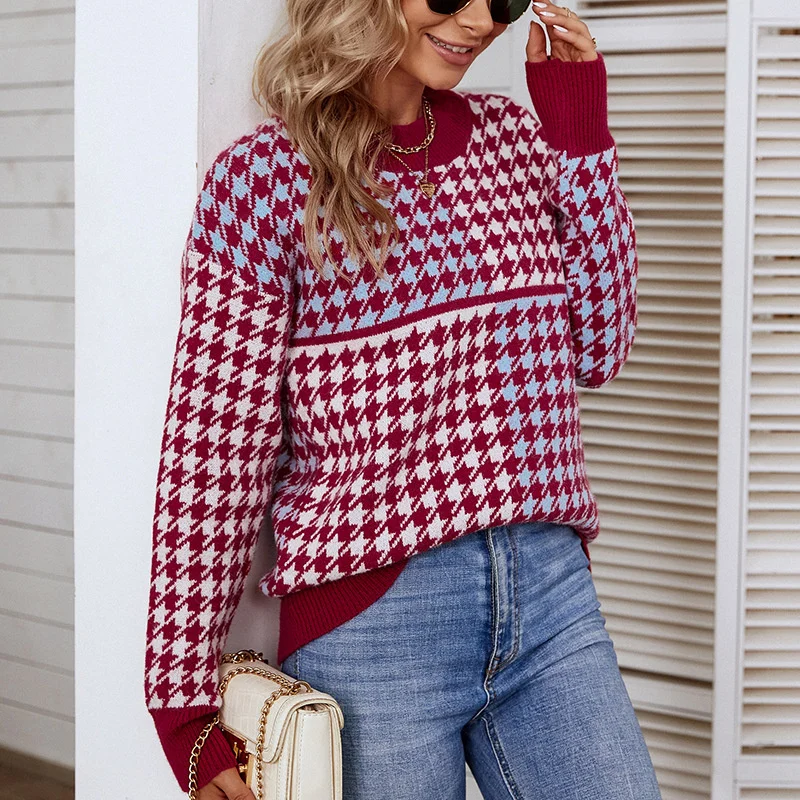 

2023Casual comfortable Autumn/Winter New Knits Contrast Houndstooth Pullover Sweater Women fashion tops