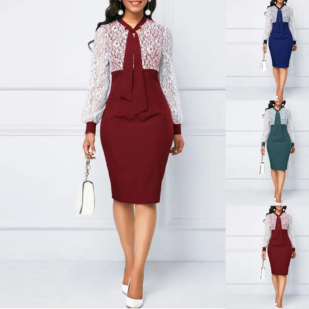 

Formal Midi Dress Temperament Women Dress Lace Long Sleeve Lace-up Pencil Dress Split Hem