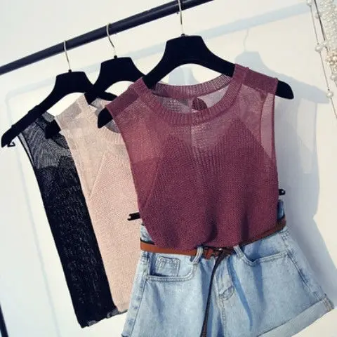 Корейская версия вязаный жилет из вискозы Женский Топ без рукавов свитер с