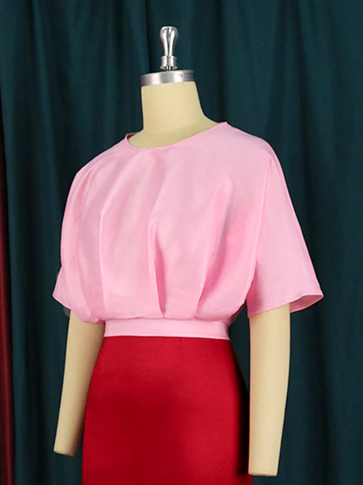 Pink Short Tops Plus Size 4XL O Neck Short Sleeve Pleated Pullover Crop Top Women Shirts Blouse for Ladies Summer Evening Party