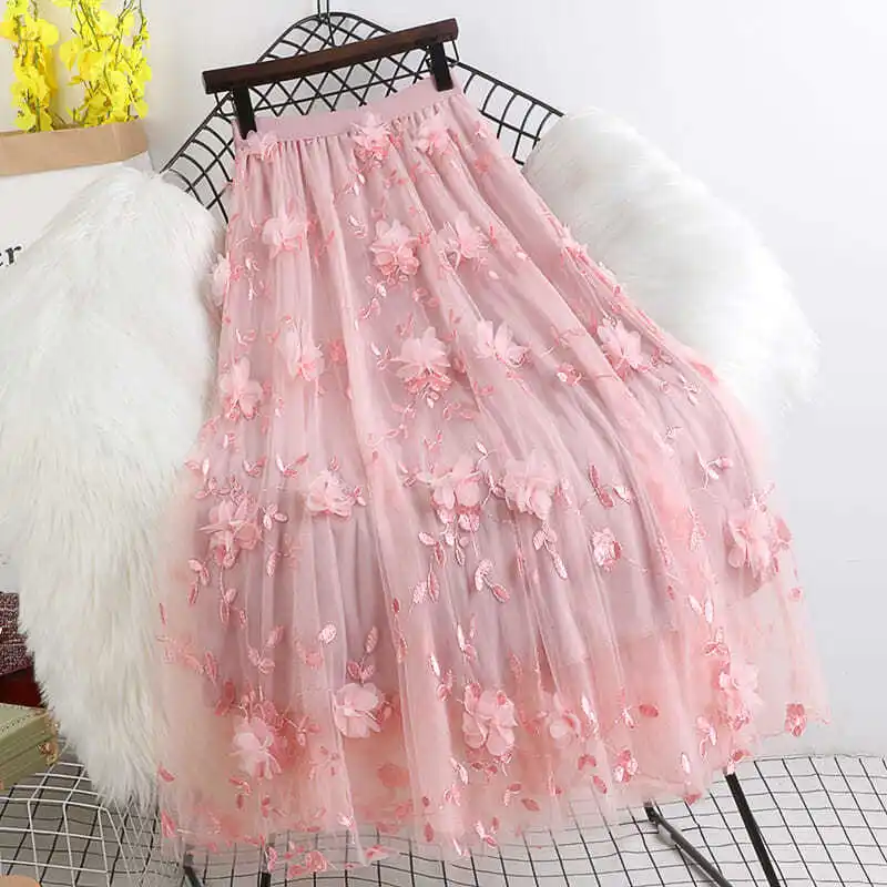 

Summer 3D Flowers Women Mesh Skirt Voile A-LINE Solid Mid-Calf Pleated Pink Skirt Empire Lace Gothic Floral Women Skirt
