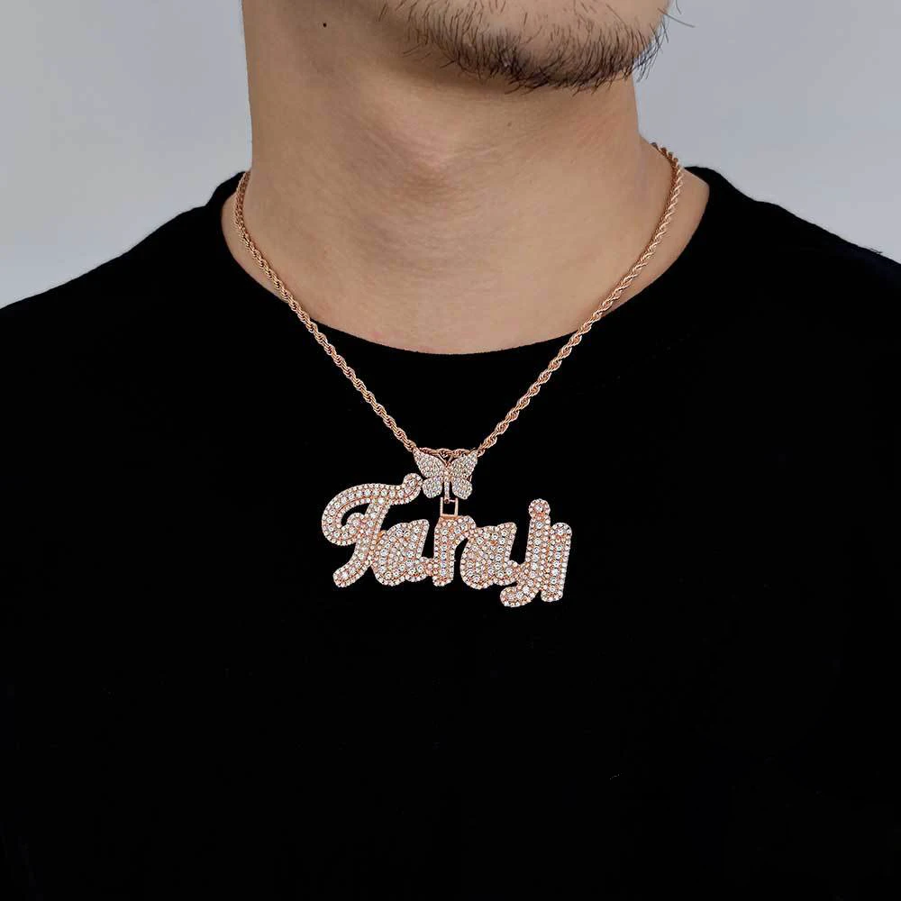 TopBling DIY A-Z Custom Name Letters Pendant Necklaces Butterfly Buckle Bling T Crystal Jewelry 18K Real Gold Platedry
