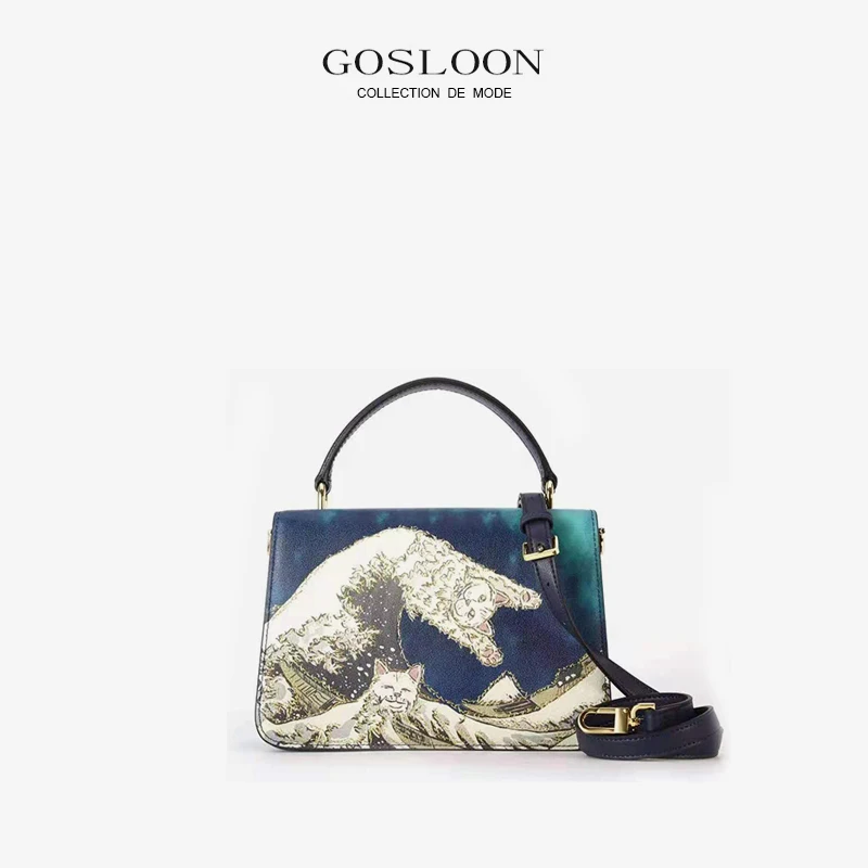 

GOSLOON- Original Leather Painted 2022 Women's Bag Fashion New Handbag Leather Wave Cat Shoulder Bag Luxury Brand