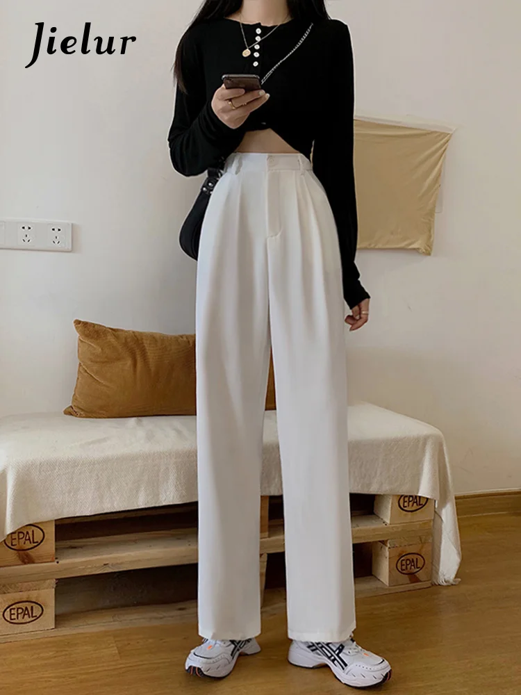 

Брюки женские прямые с завышенной талией, белые Костюмные штаны, шикарная Свободная рабочая одежда, офисные женские черные брюки стандартного размера