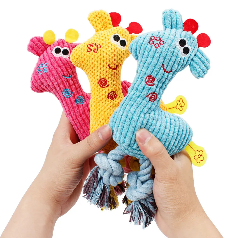 Игрушка для жевания и пищания собак Giraffe Fleece Rope Interative Toy Animals Plush Puppy Deer для домашних животных с пищалкой.