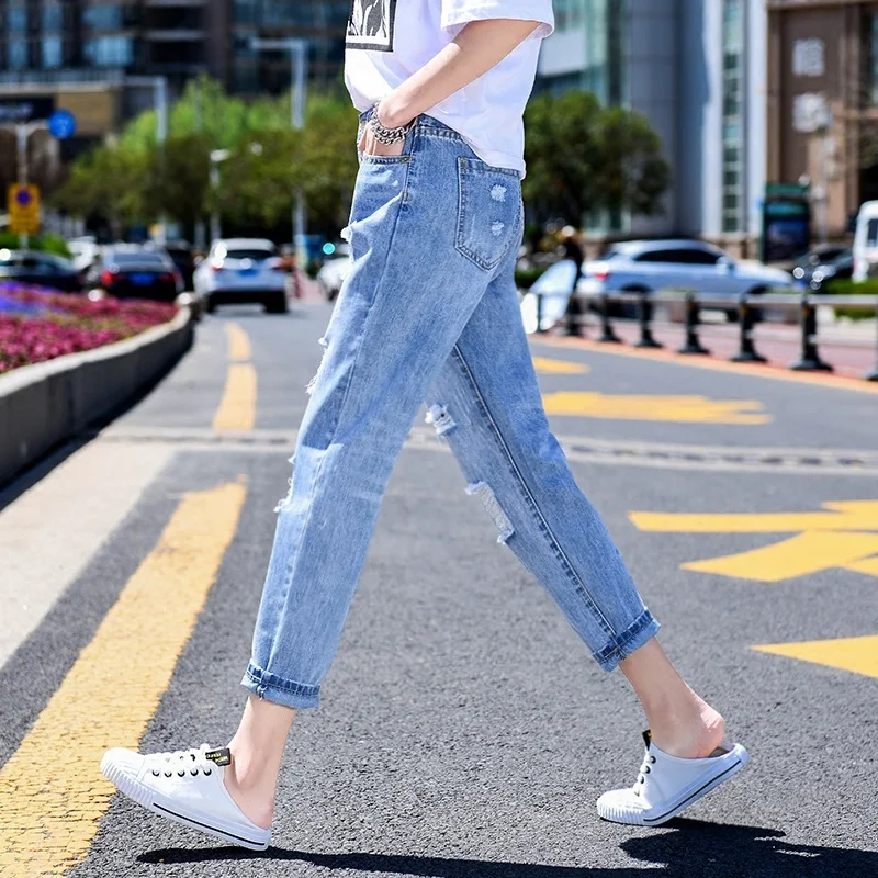 

Autumn Spring New Women Hole Tassel High Zipper Fly Ankle Length Female Loose Casual Fashion Harem Pants Jeans ZX879
