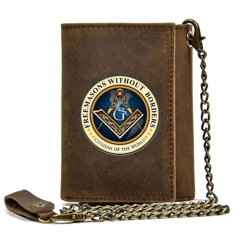 

High Quality Men Genuine Leather Wallet Anti Theft Hasp With Iron Chain Freemasons Without Borders Card Holder Short Purse