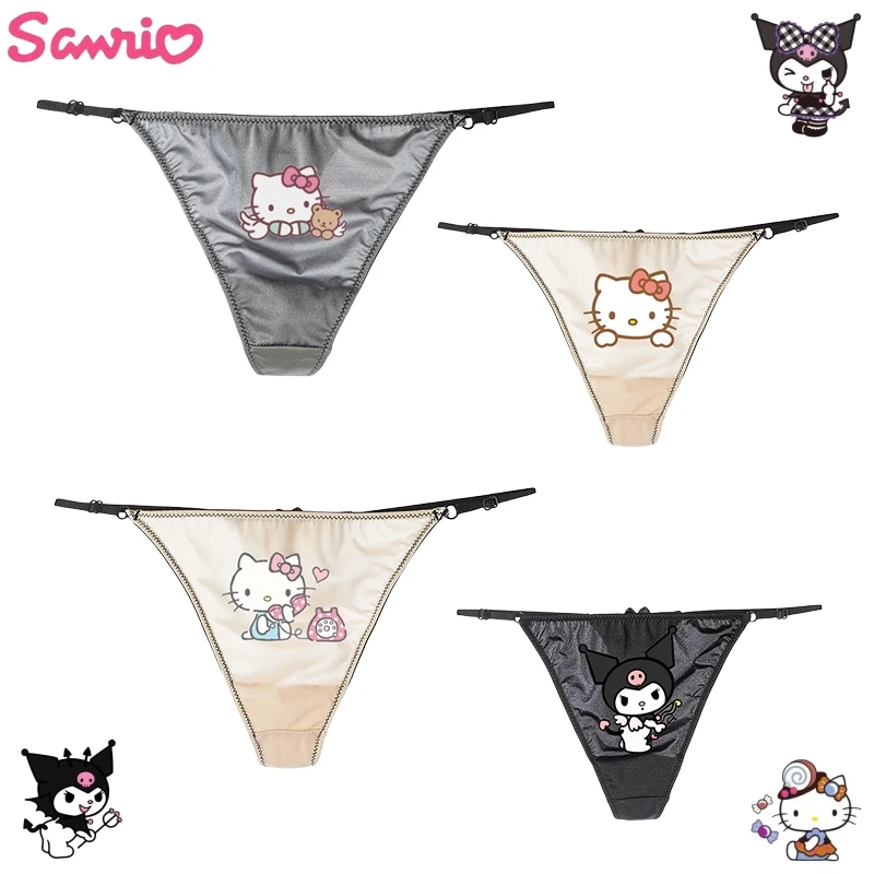 

New Hello Kitty Anime Glossy Ice Silk Strappy Adjustable Thong Kawaii Kuromi Comfortable Cotton Breathable Low Waist T Pants
