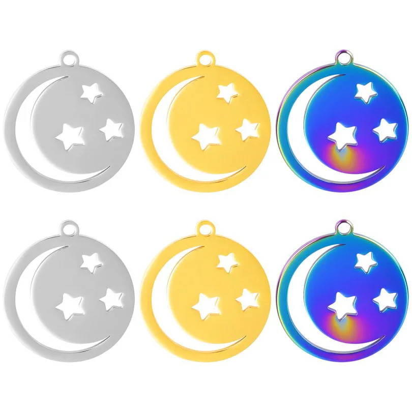 

5Pcs Stainless Steel Hollow Charms Moon Star Charms Round Pendant For Jewelry Making DIY Keychain Necklace Accessories Wholesale