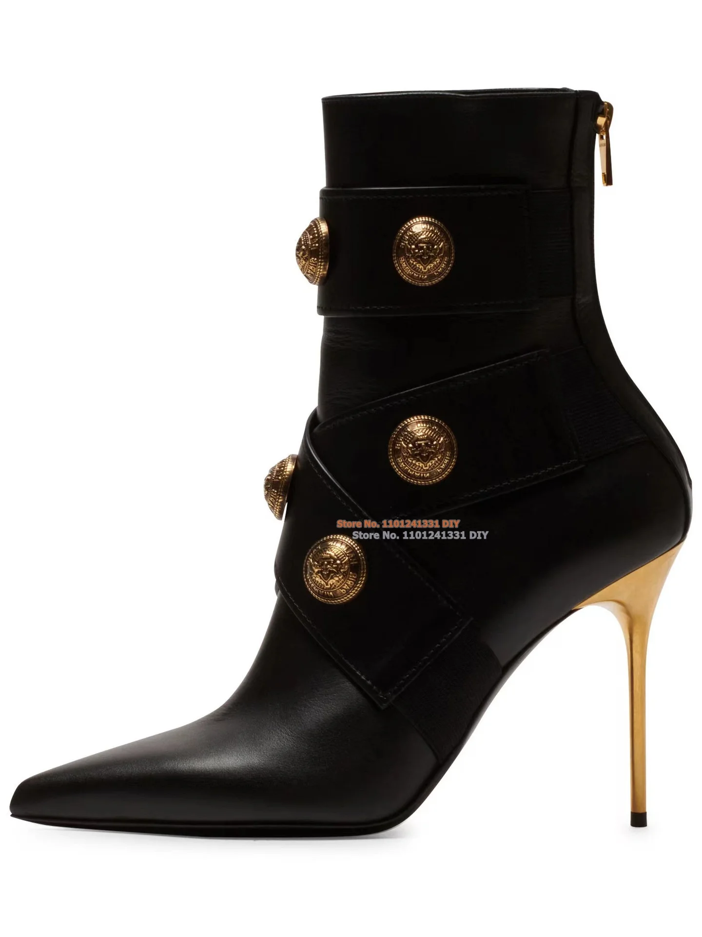 Beige Leather Button-Embellished Ankle Boots Golden Medallion Studs Short Boots Women Pointed Toe Thin High Heel Party Shoes