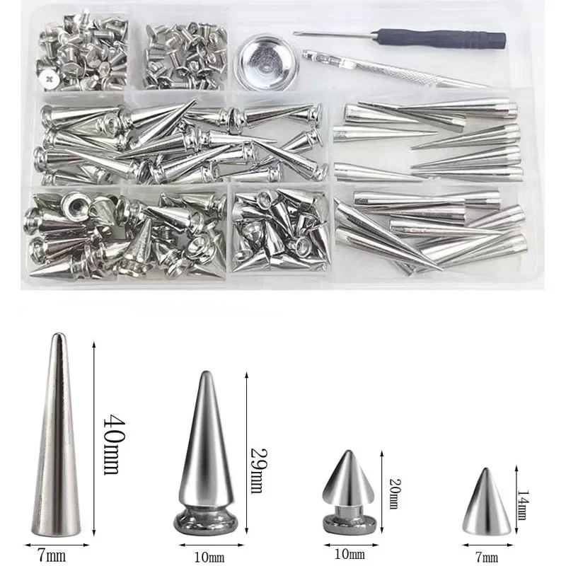 

100 Sets Silver Cone Spikes Garment Rivets 4 Sizes Cool Punk Rivets Zinc Alloy Rock Bullet Rivets for DIY Clothing Leather Craft