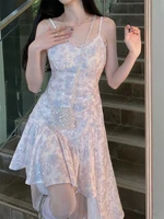 qwee white kawaii fairy slip dress women korean style design sweet slim asymmetrical dresses party vintage 2022 summer kpop
