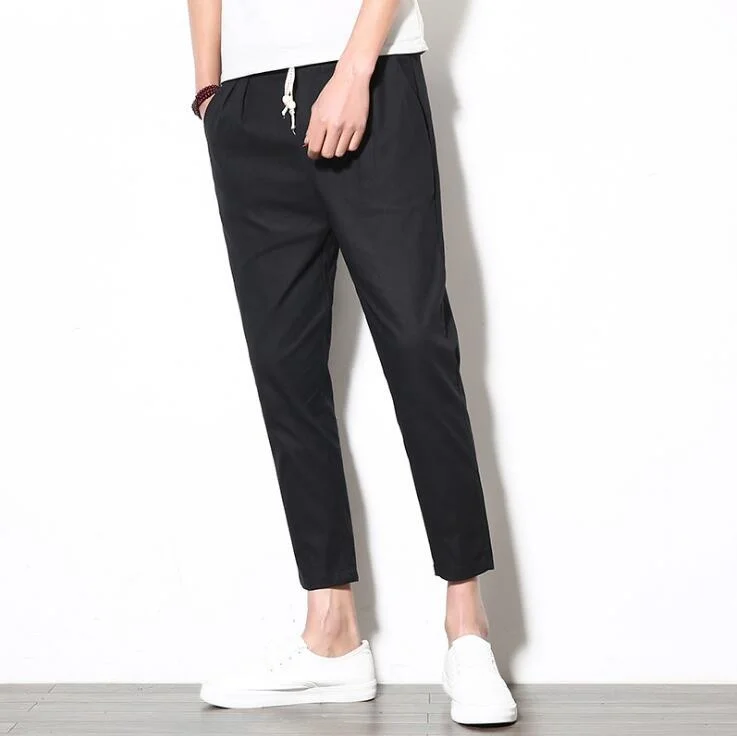 

Новинка весна-лето 2022, стильные мужские облегающие льняные брюки до щиколотки, мужские повседневные свободные брюки-султанки