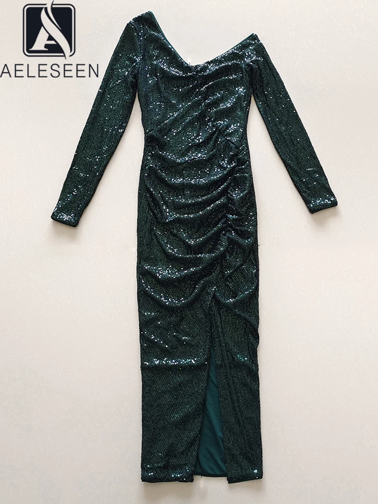 

AELESEEN Sexy Bodycon Dress 2022 Autumn Women Design Green Yellow Sequins One-Shoulder Draped Splited Sheath Female Midi Dress