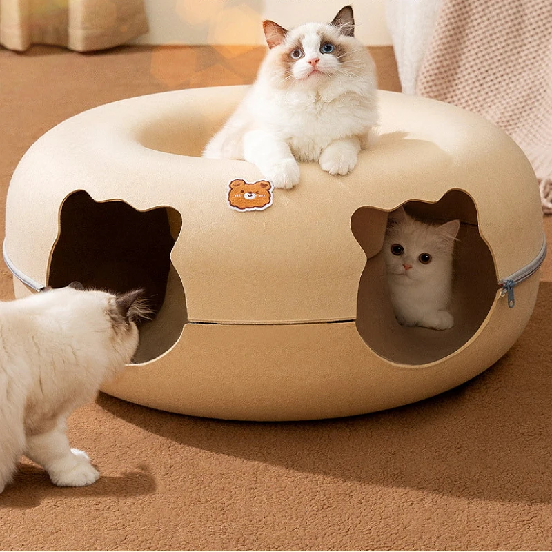 

Cute Cartoon Shaped Interactive Toy for Cats House Felt Tunnel Cave Beds Removable Donut with Zipper Nest Basket Kitten Supplies