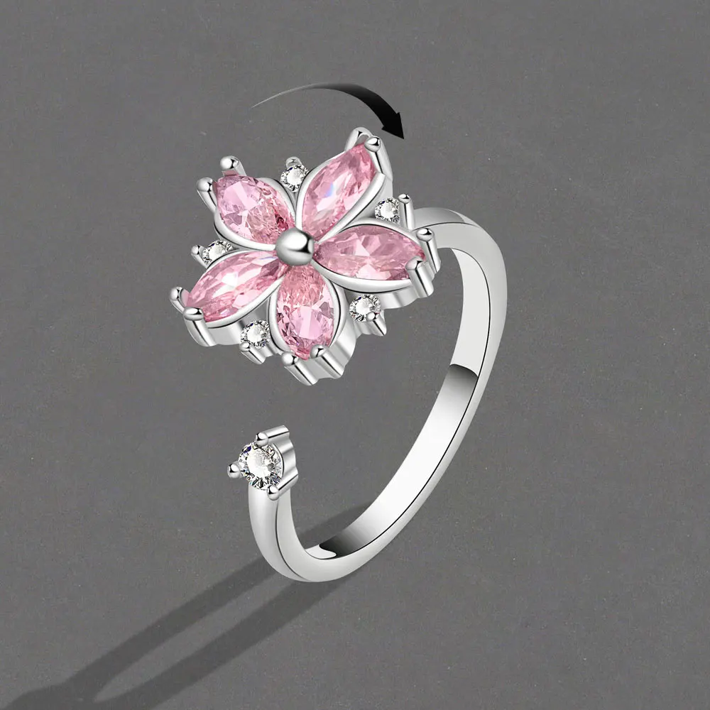 

2022 New Copper Jewelry Romantic Cherry Blossom Pink Zircon Ring Jewelry for Women Wedding Ring
