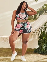 plus letter taped tank top and floral biker shorts set