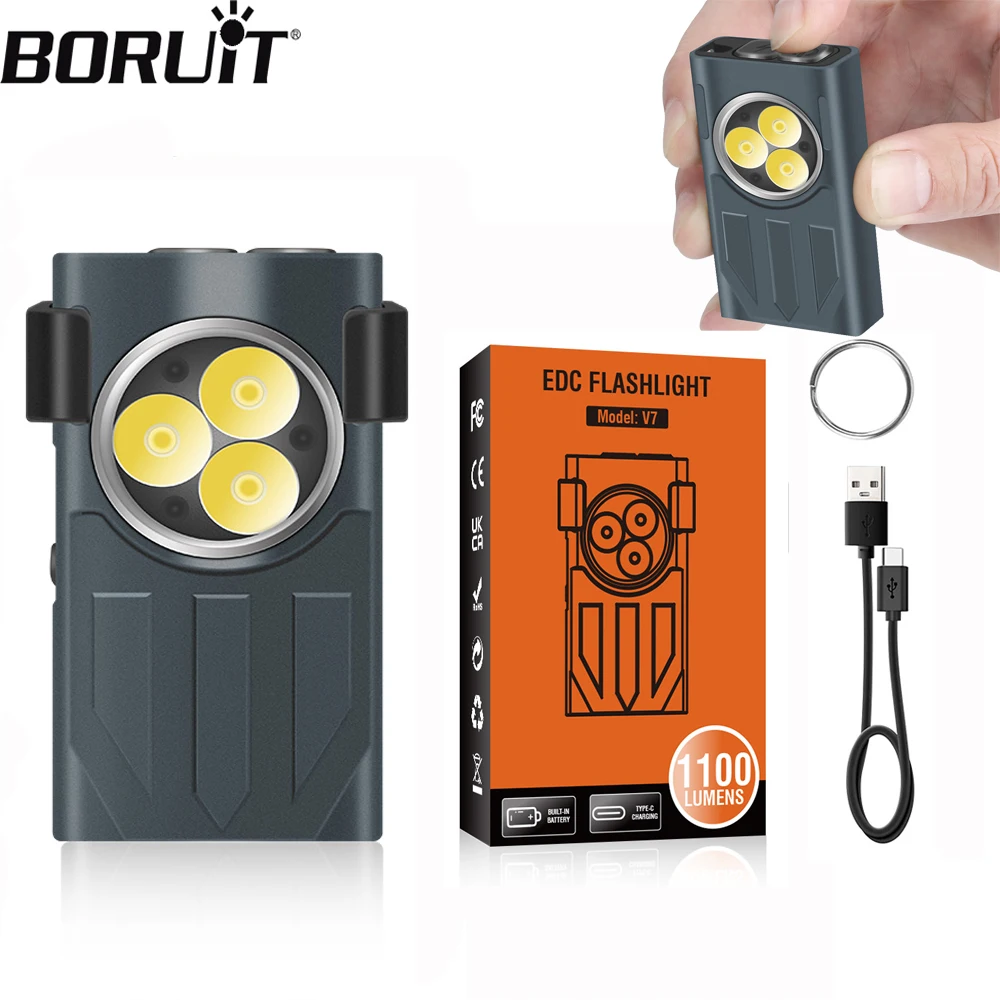 BORUiT V7 LED Keychain Flashlight Portable Mini Torch Type-C Rechargeable Work Light With Magnet Camping Hiking Pocket Lantern