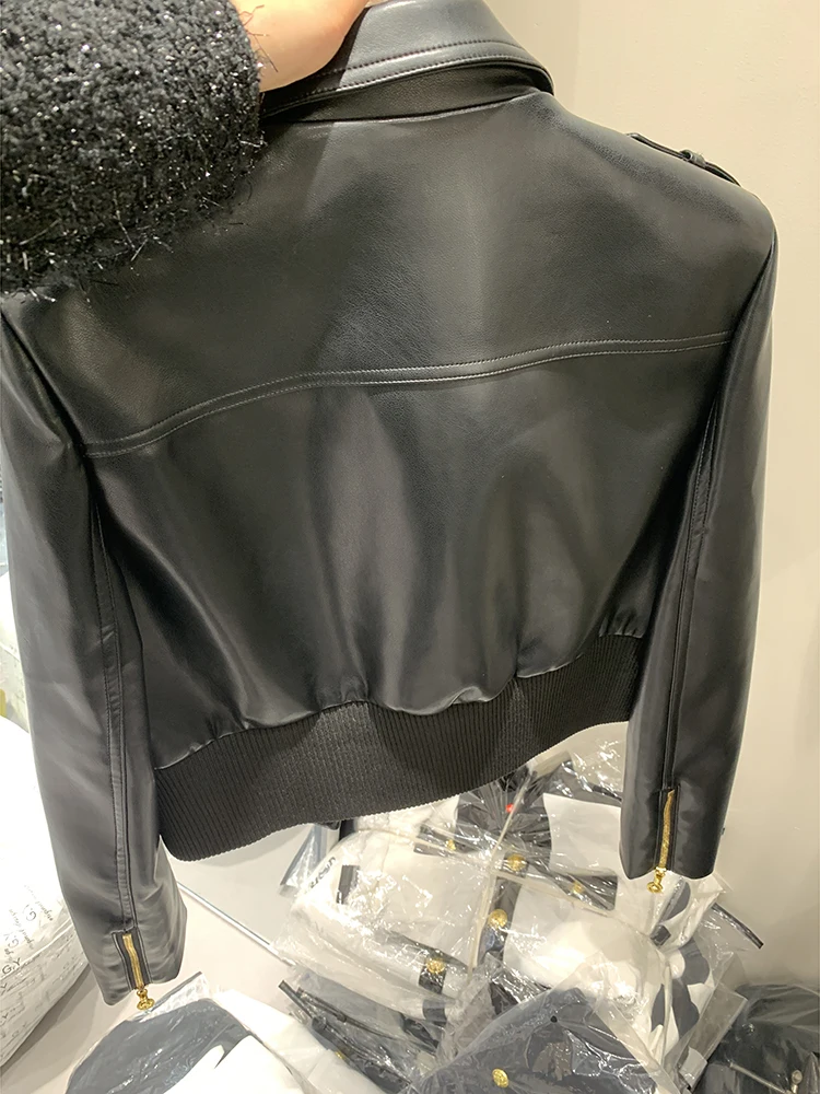 HIGH QUALITY 2023 New Designer Women's Lapel Pu Leather Motorcycle Short Jacket