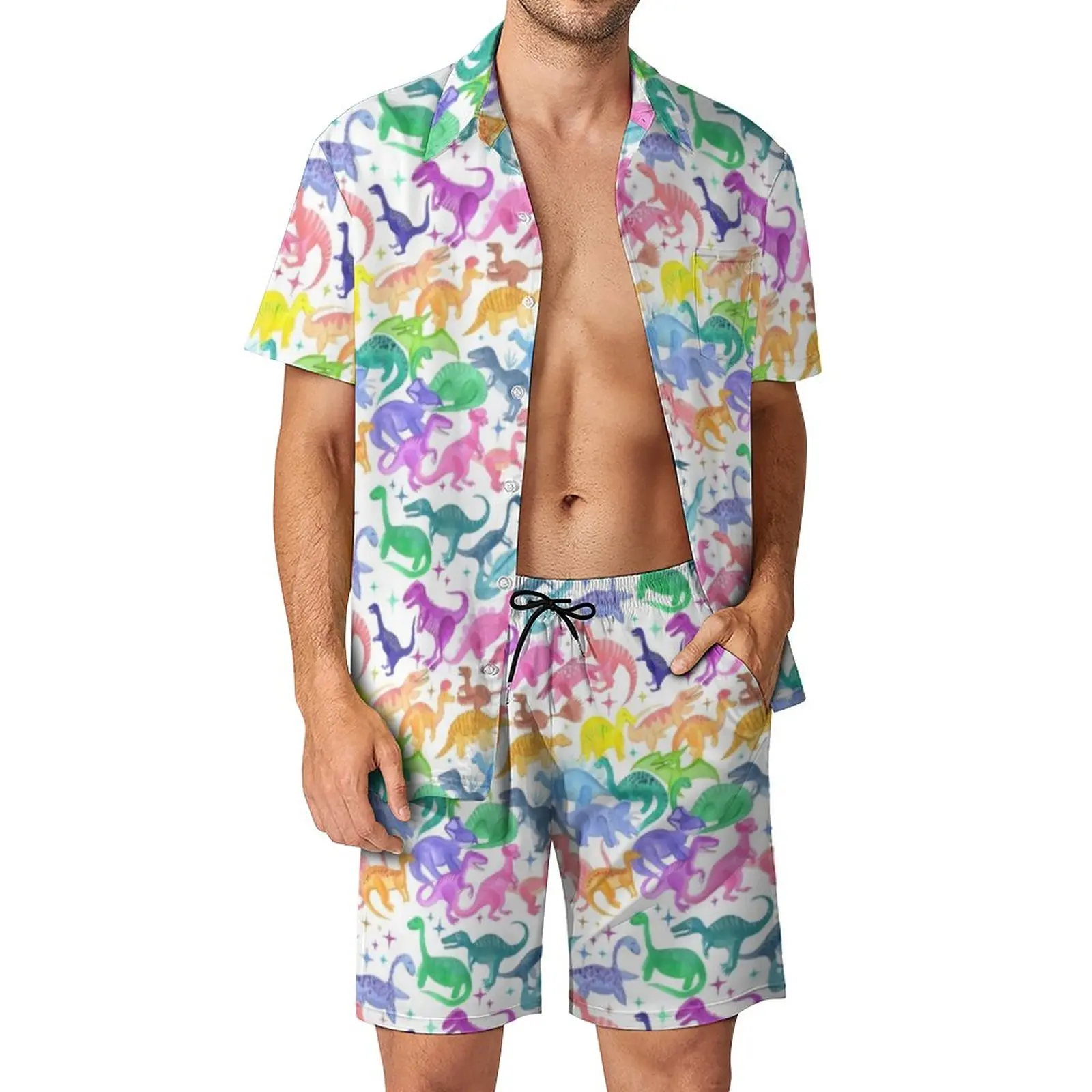 

Roarsome Rainbow Dinosaurs Men Sets Animal Print Casual Shirt Set Retro Beach Shorts Summer Suit 2 Piece 2XL 3XL