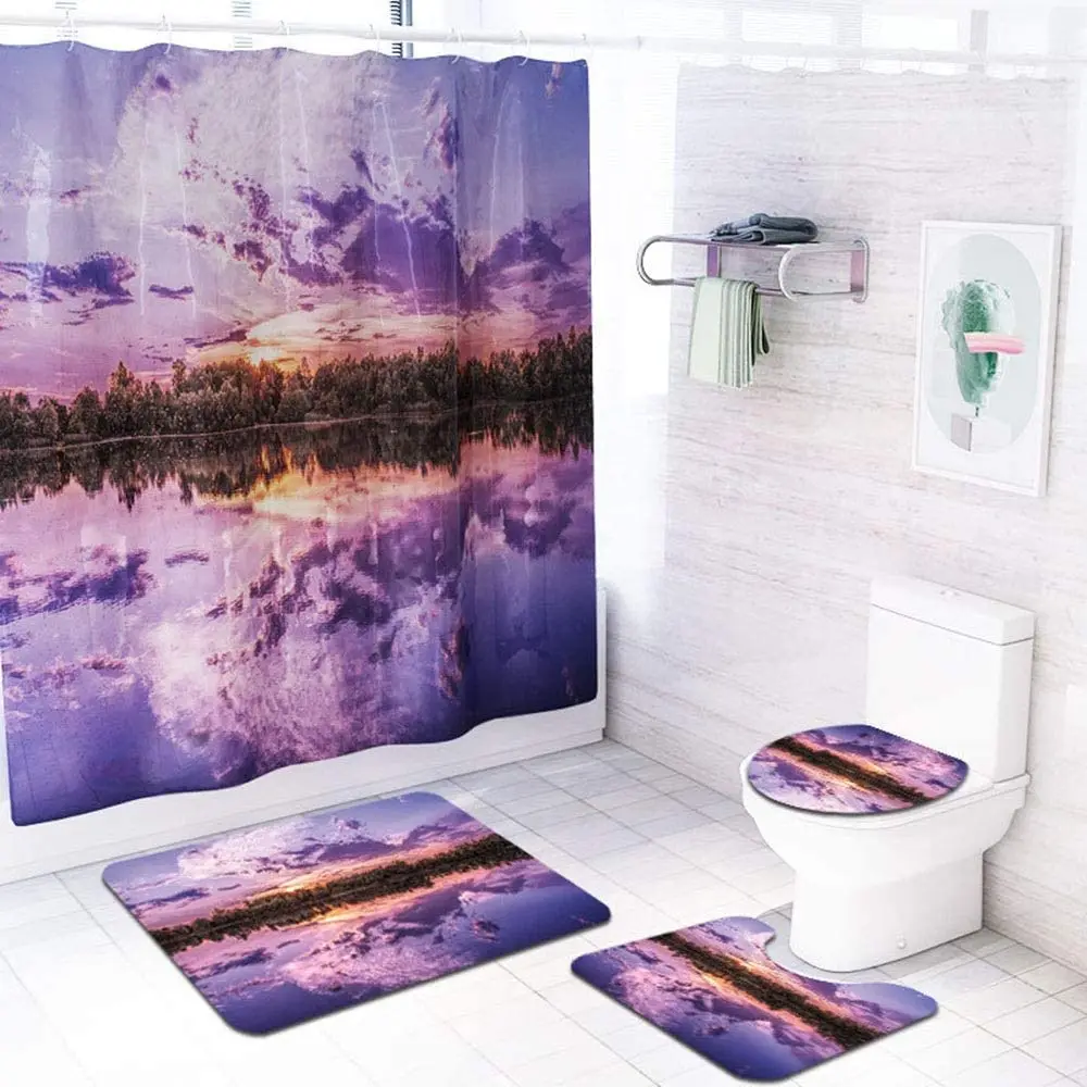 

Purple Landscape Print Shower Curtain Set Carpet Cover Toilet Cover Bathroom Mat Cushion Cover Bathroom Curtain Household