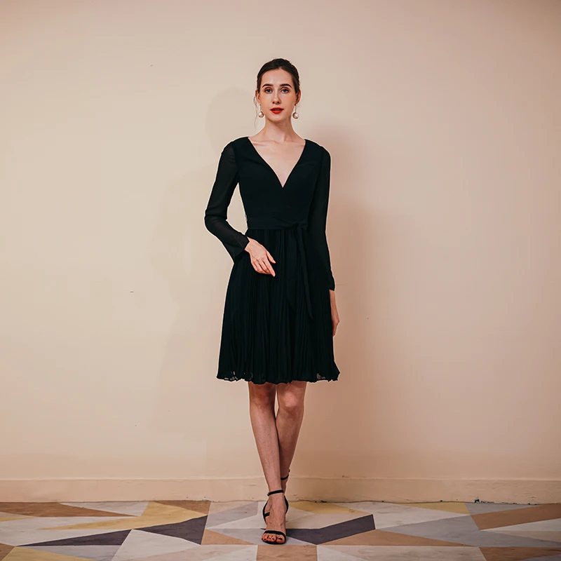 

Beauty-Emily Black A Line Chiffon Party Dress Sexy V Neck Knee Length Formal Summer Dresses Back Zipper Long Sleeve Prom Dress