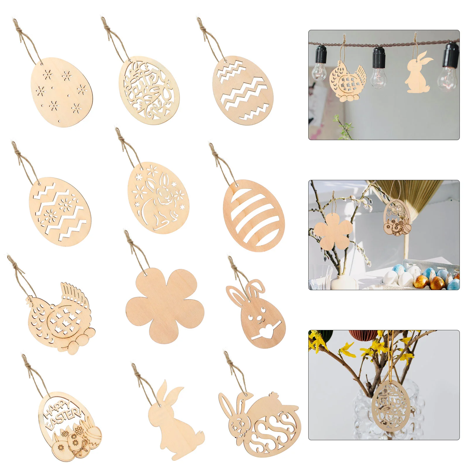 

48pcs Easter Unfinished Wood Hanging Ornaments Easter Wooden Cutouts DIY Decor