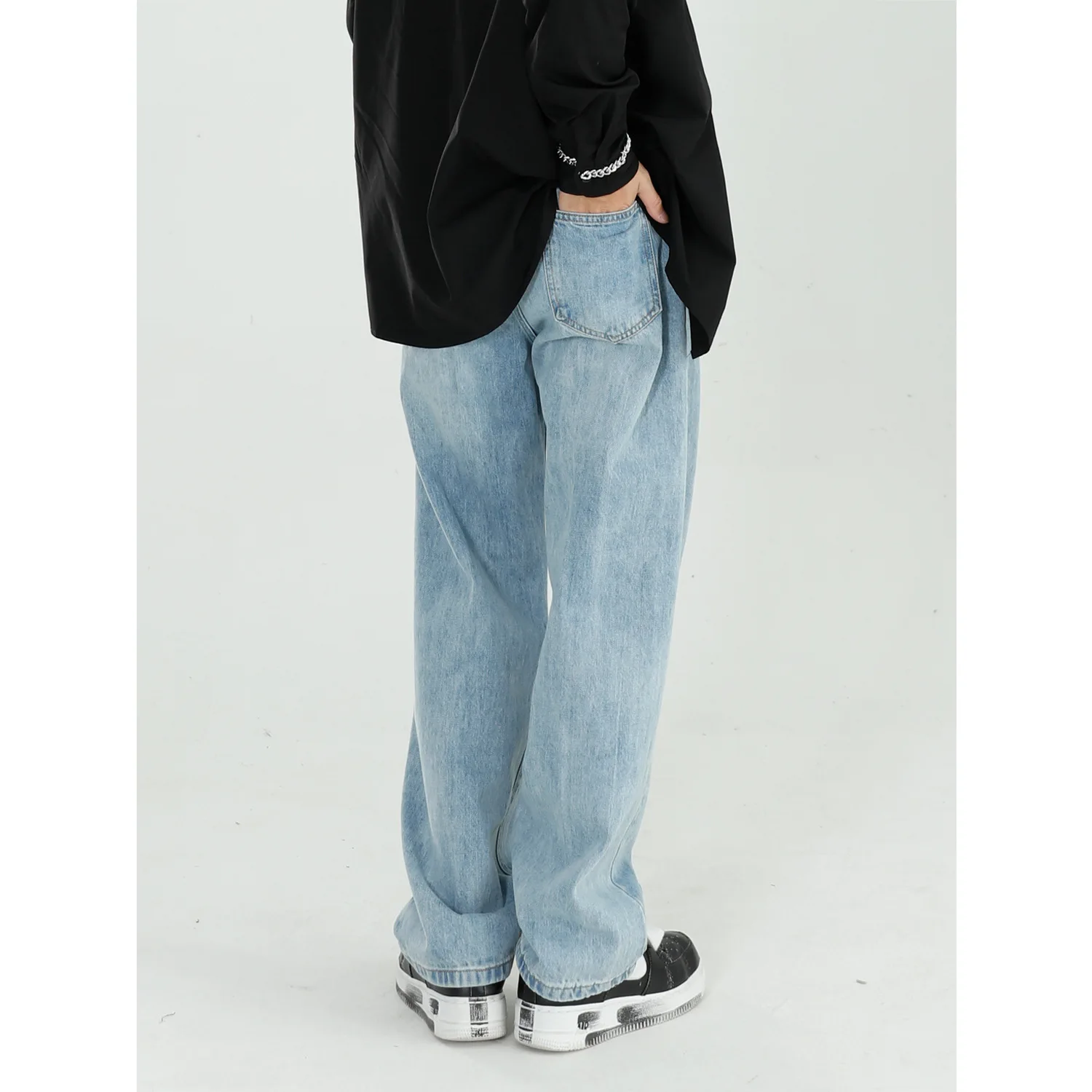 overalls for Men Casual Trousers Light Blue Jeans Loose Pants Fashion Motorcycle All-match Straight Pants Pocket Boy Jeans