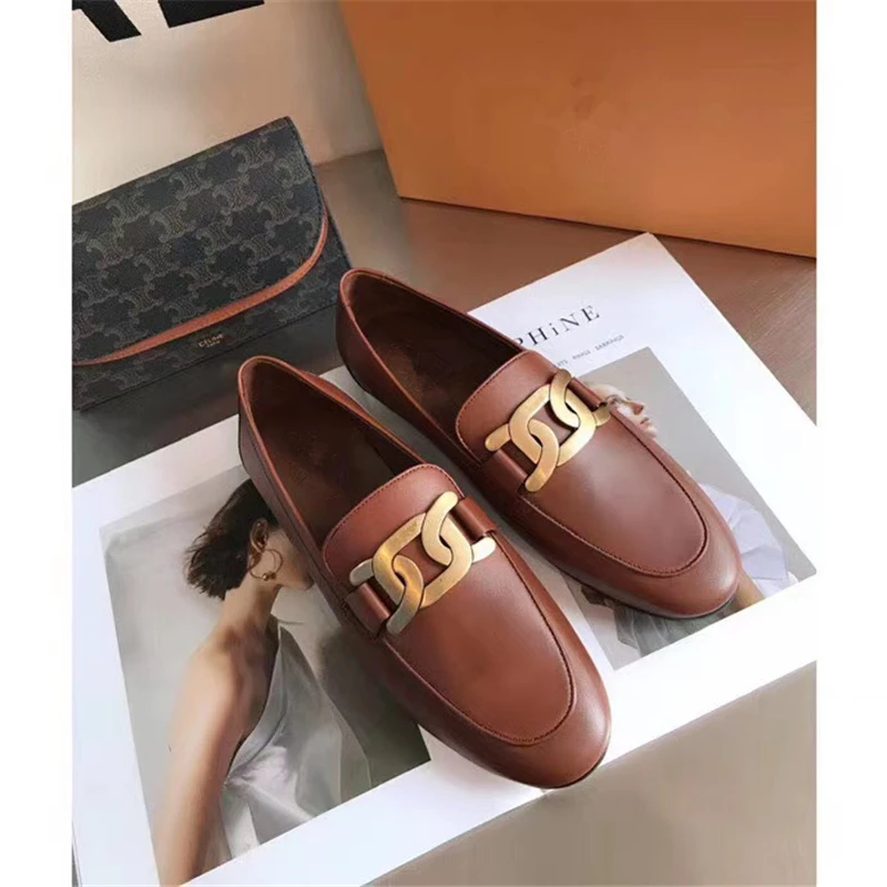 Women's Single Shoes 2023 Spring and Autumn New Round Head Metal Buckle Casual Versatile Outdoor Step on Flat Bottom Lefu Shoes
