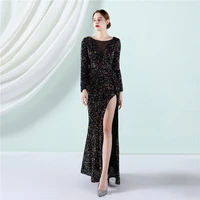 19116 new style banquet elegant long sleeved sequin aura queen fishtail skirt evening gown