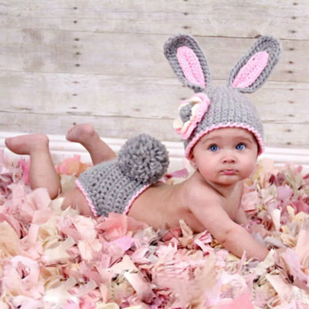 

Hot Baby Clothing Cute Crochet Newborn Photo Props Costume Baby Photograph Props Rabbit Flower Hat Baby Girl Shorts Set