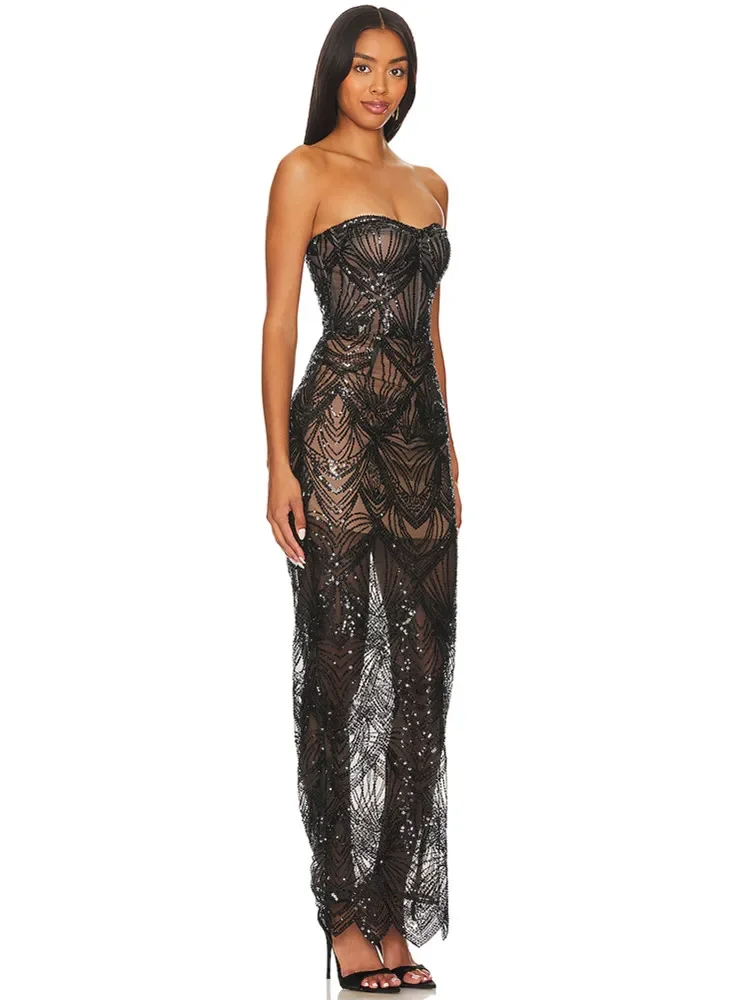 Женское роскошное сексуальное Сетчатое платье макси без бретелек с блестками