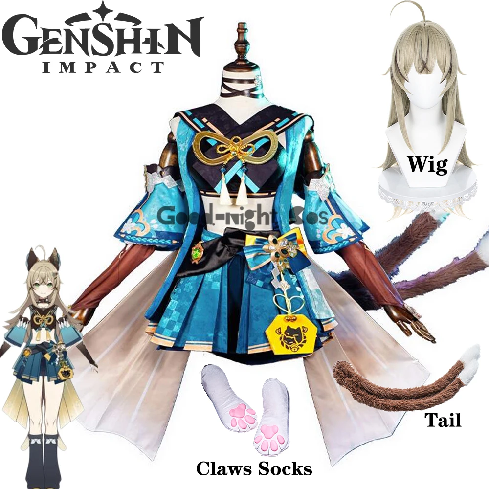 

Костюм для косплея Game Genshin Impact Kirara, хвост и искусственная кожа, милое платье, женская модель Kirara, костюм на Хэллоуин