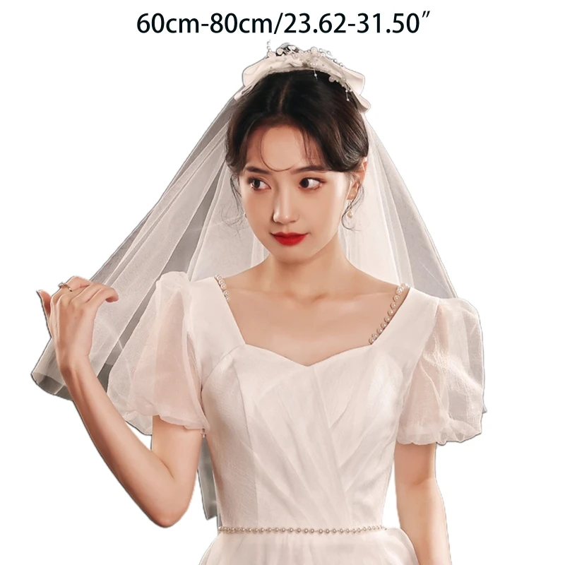 

Wedding Bridal Veil Double Layers Short Length Sheer Veils Beads Decor Ribbon Bow Hair Accessories for Bride Cut Edge