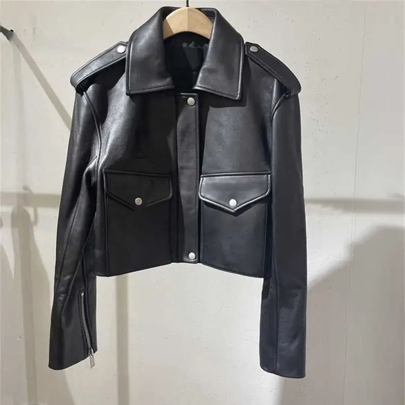 POLO collar jacket of 2022 autumn and winter  short PU motorcycle leather coat, women  winter jacket women  Faux Leather