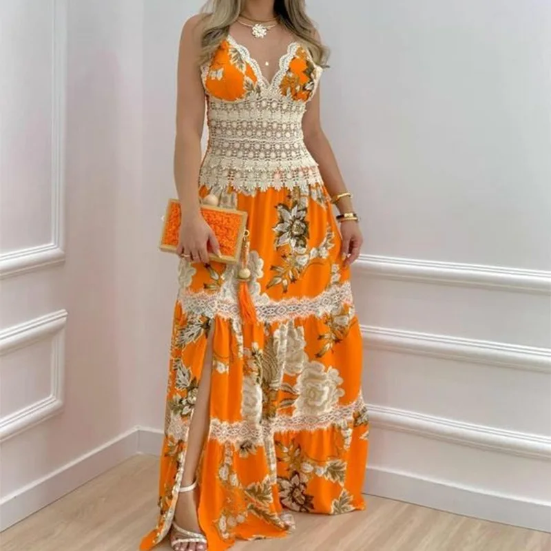 

2022 Summer New Women's Long Skirt Bohemian Style, Lace Skirt with Suspenders, Irregular Holiday Dress with Printing