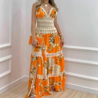 2022 summer new womens long skirt bohemian style lace skirt with suspenders irregular holiday dress with printing