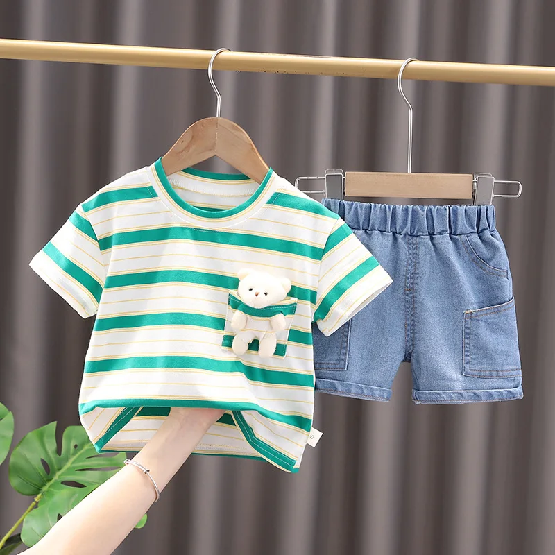 

Toddler Boy Summer Clothes for Children From 2 to 5 Years Striped T-shirts Tops + Denim Shorts Girls 2 Piece Set Kids Tracksuits
