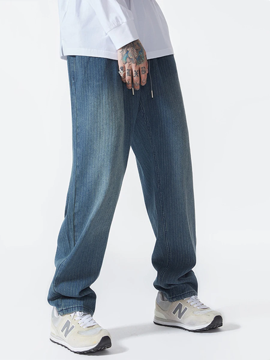 Four Seasons Large Size American High Street Loose Straight Jeans Men's Wide Leg Elastic Waist Trousers Y2K Men Jeans Streetwear