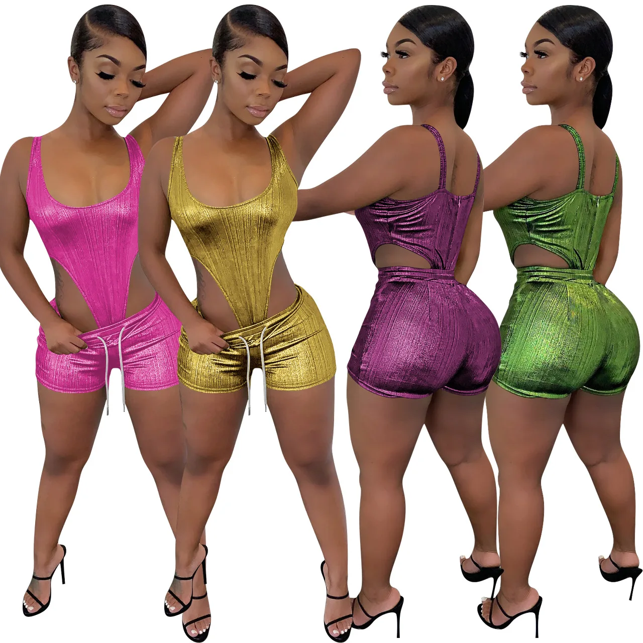 

Сексуальный женский комплект с шортами для ночного клуба, летний Боди без рукавов, блестящий костюм на молнии сзади, костюм с горячими шорта...